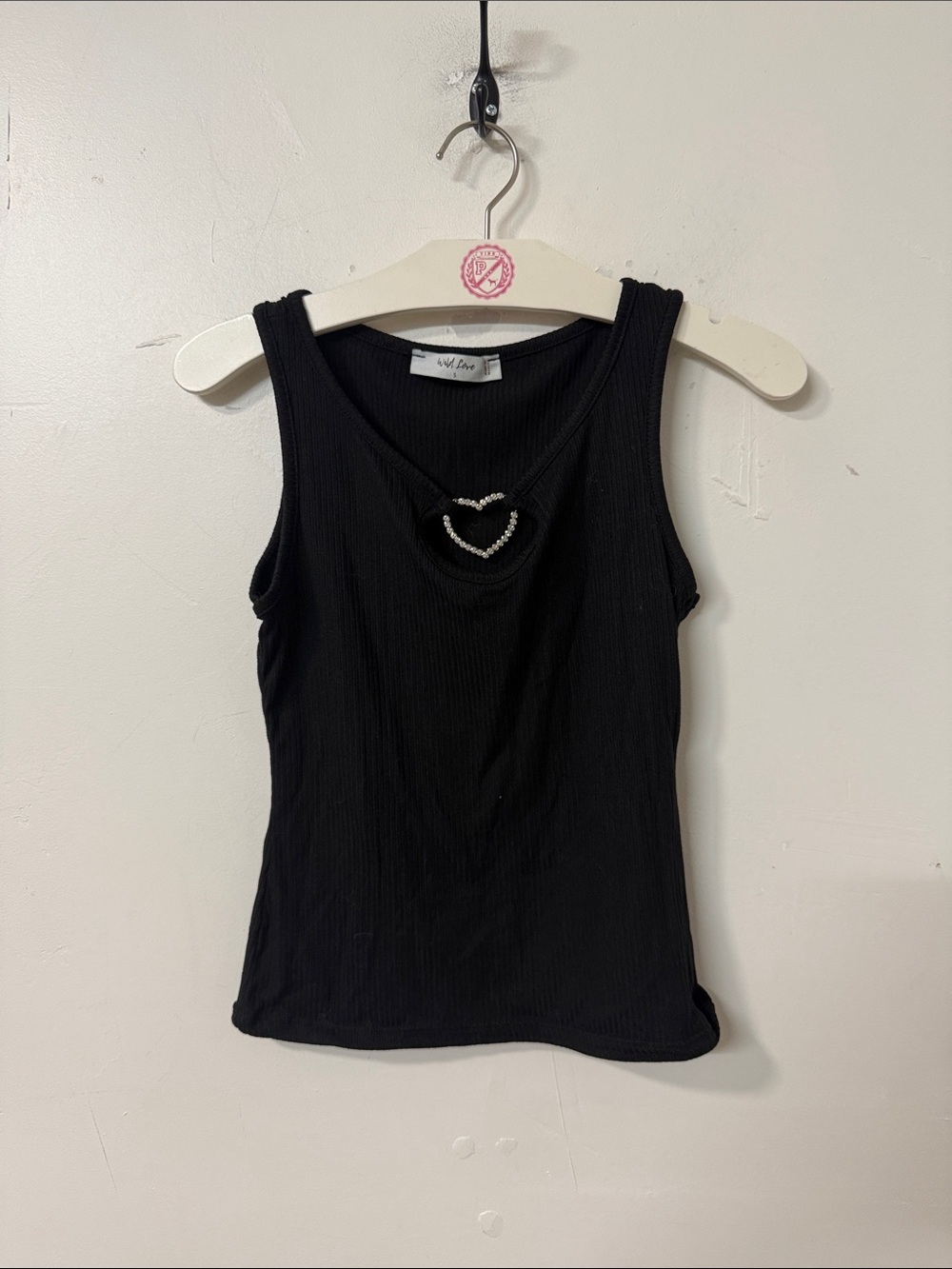 Ribbed Black Tank Top with Heart Ring Accent